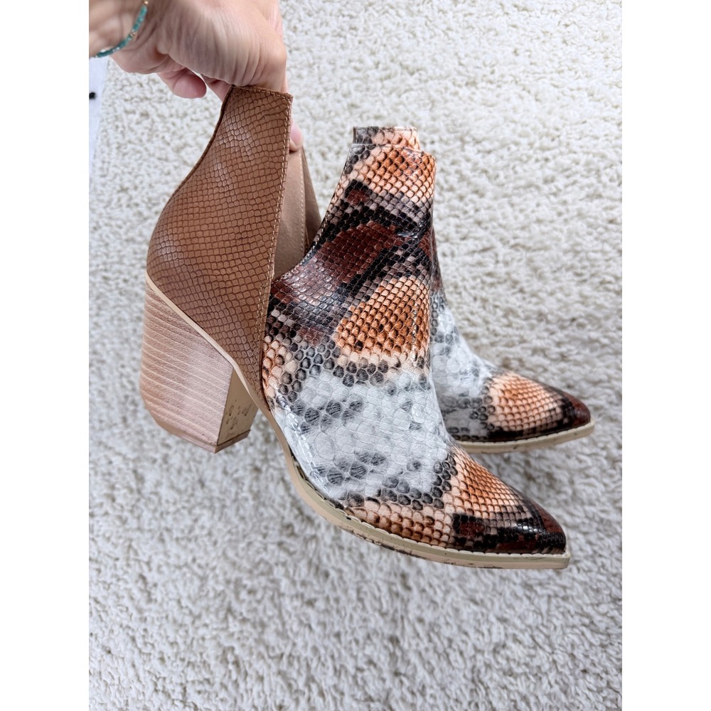 Unbranded Snakeskin Booties Women 8.5 Brown Excellent Western Cutout Block Heel